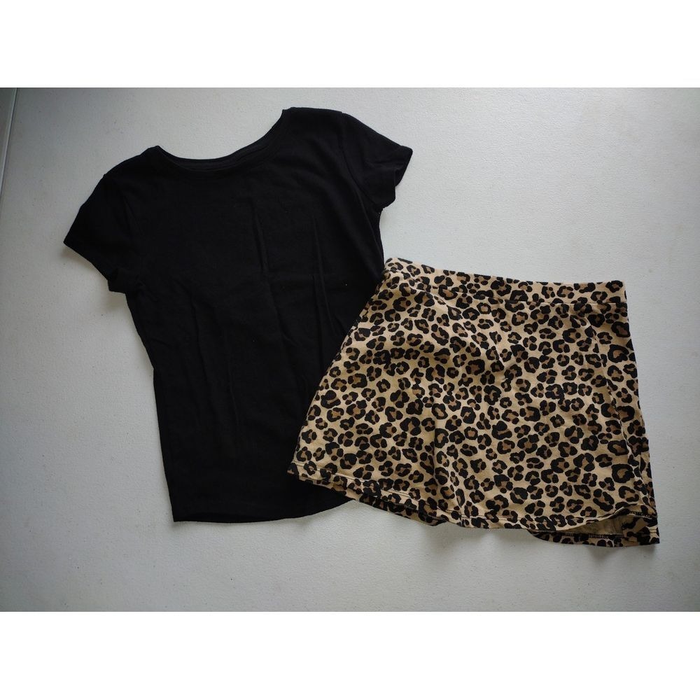 Wonder Nation Faded Glory Girls Black Tee Leopard Print Skirt Set Size S 6-6X